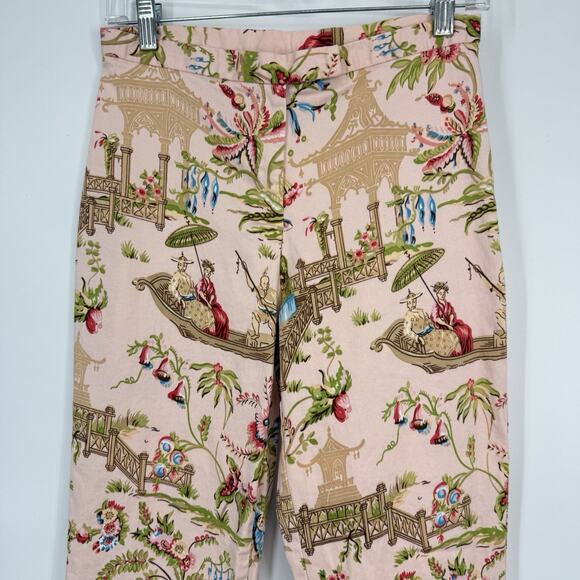 Christie Jill Asian Print Crop Pants Vintage size 6P Pink Stretch Cotton sateen - Picture 3 of 14